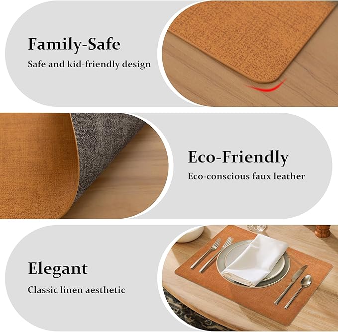 FROMHEART Faux Leather Placemats Set of 8–Waterproof,Heat/Oil Stain-Resistant PU Table Mat–Reversible,Non-Slip,Easy to Clean Place Mats for Kitchen,Dining,Indoor/Outdoor,(Orange-Grey,11.8" x 17")