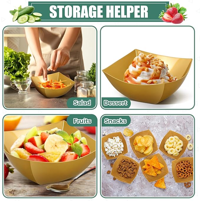Sliner 100 Pcs Square Plastic Bowls Plastic Serving Bowls Disposable Chip Containers for Parties Snack Fruit Candy Containers for Candy Buffet Salad Bar Buffet Party Supplies(Gold,16 oz)