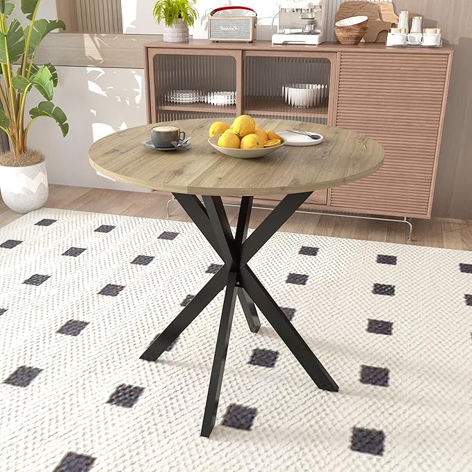 31.5" Small Round Dining Table for 2-4 People, Space Saving Circle Kitchen Dinner Table, Stable X-Legs Dining Room Desk for Kitchen, Apartment, Natural Oak