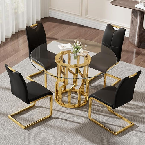 47.2" Round Glass Dining Table Set for 4, Modern 5 Piece Kitchen Table Set with Gold Stainless Steel Base & 4 PU Leather Accent Chairs, Saving Space, Dining Set for Apartment, Home - Black Chair