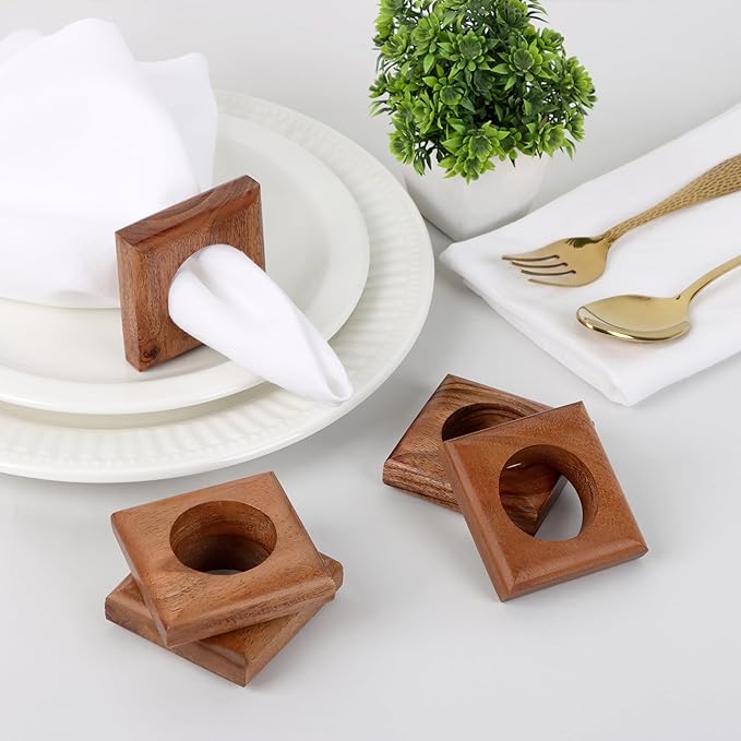 CLEENTABLE Wooden Napkin Rings Set of 12 Fall Decor for Home Square Acacia Wood Napkin Holders for Dining Table Settings Napkin Ring Rustic Table Décor for Weddings, Parties, Everyday Use (Brown)