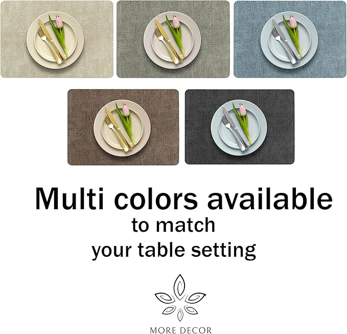 More Décor Faux Leather Placemats Set of 4 for Dining Table – Waterproof, Wipeable, Washable, Stain & Heat Resistant, Non-Slip Table Mats – 12 X 17 Inch, Light Grey