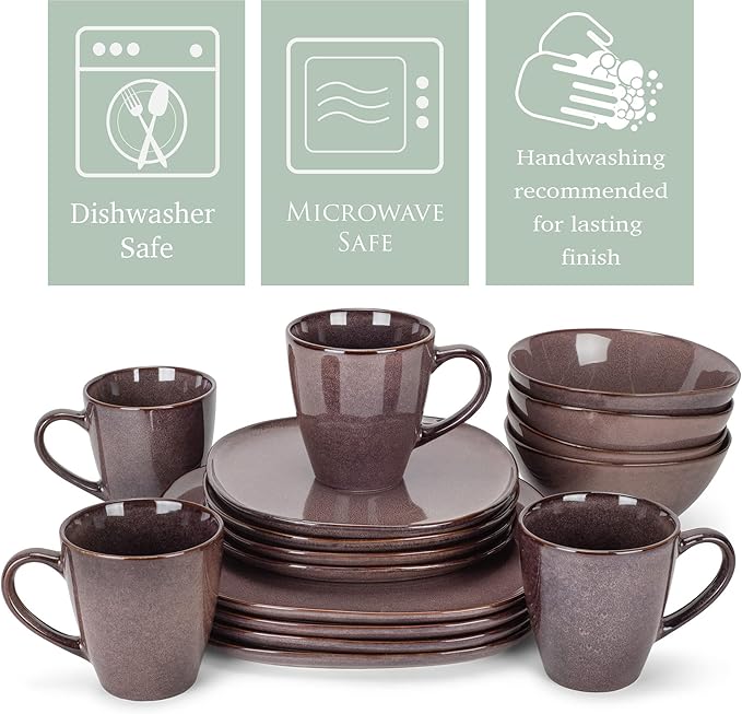 Elanze Designs 16-Piece Modern Luxury Chic Smooth Vintage Handmade Shape High Gloss Ceramic Stoneware Square Plate Mug & Bowl Kitchen Dinnerware 16 Piece Set - Service for 4, Plum Purple