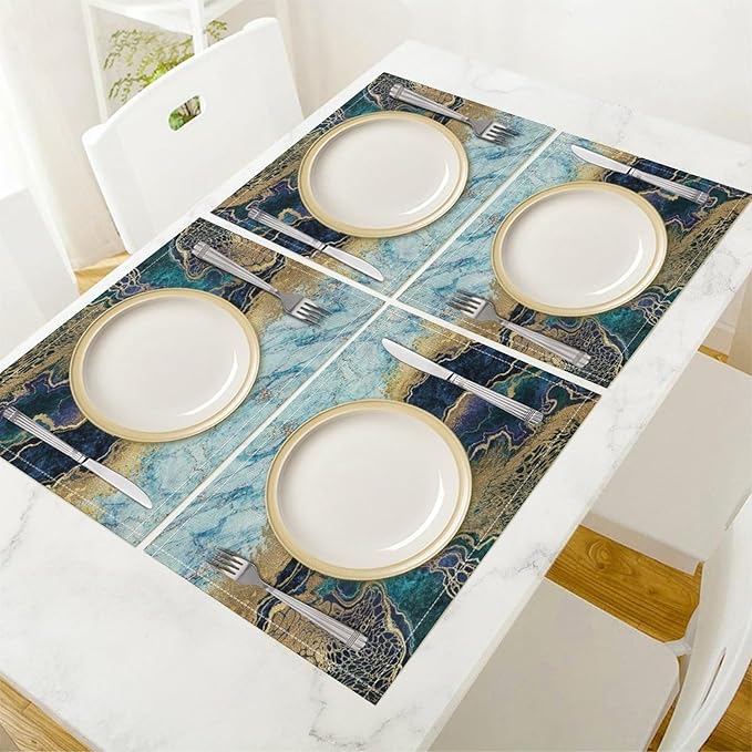 Marble Linen Placemats Set of 2, Modern Luxury Foil Cracked Texture Blue Gold Marble 12x17 Inch Washable Table Mats Non Slip Placemats for Wedding Party Kitchen Banquets Dining Decoration