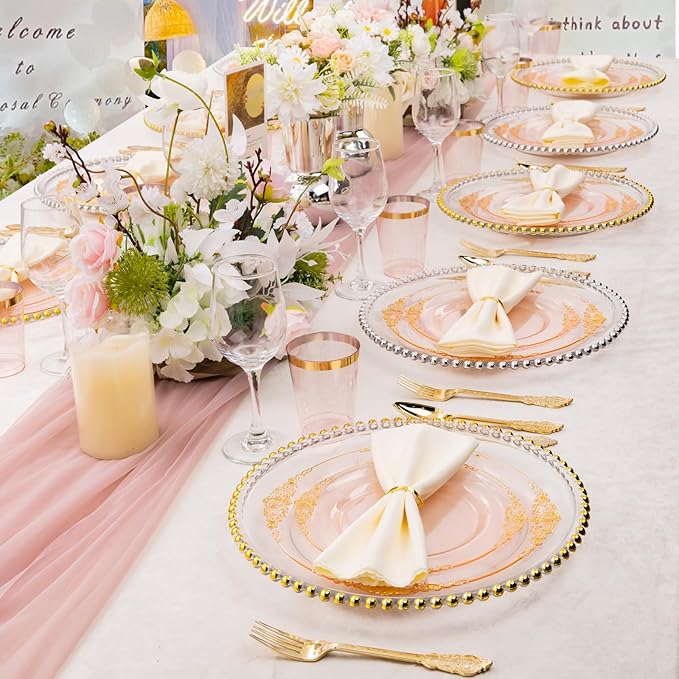 Hioasis 175pcs Pink and Gold Plates - Pink Party Plates for 25 Guest, Include 50 Heavy-duty Plates(20% Thicker Than Standard), 75 Cutlery Set, 25 Napkin, 25 Cups