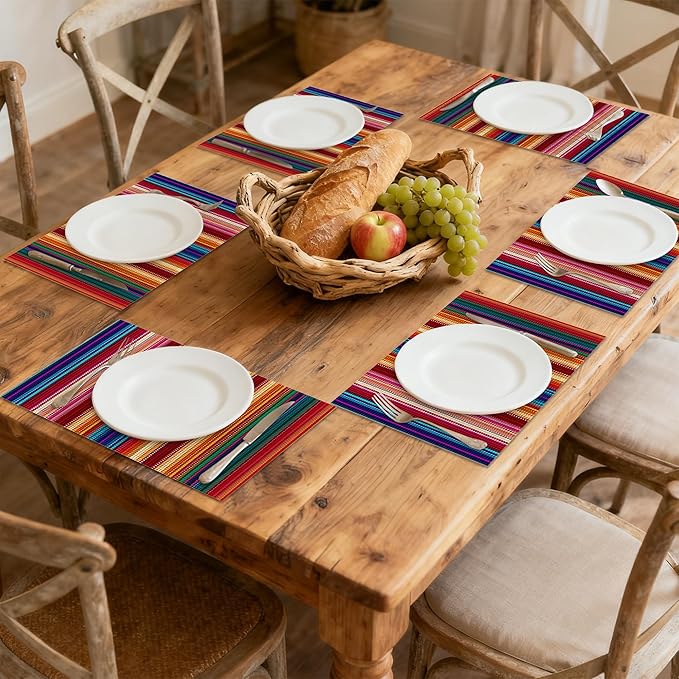 Mexican Placemats Set of 6, Waterproof Linen Fabric, Non-Slip Backing & Easy Clean, Elegant Dining Table Protectors for Family and Guests(Mexican Ethnic Colorful Stripes)