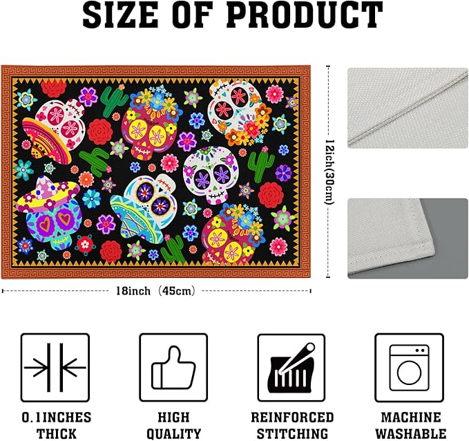 Mexican Placemats Set of 4 - Colorful Floral Skull Table Place Mats 12x18 for Indoor Outdoor Kitchen Dining Table