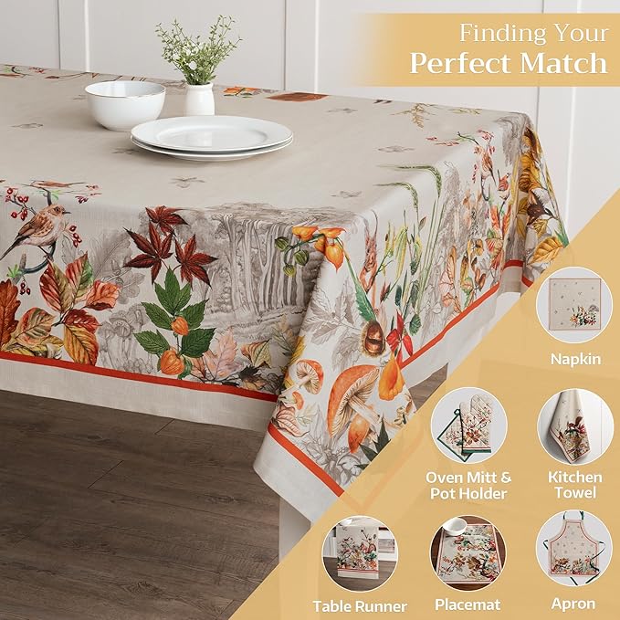Maison d' Hermine Table Cloth Rectangle Table 100% Cotton 60 x 90 Inches Fall Tablecloth Reusable Everyday Use for Thanksgiving Christmas Decorations Dining Farmhouse Party (Recolte)