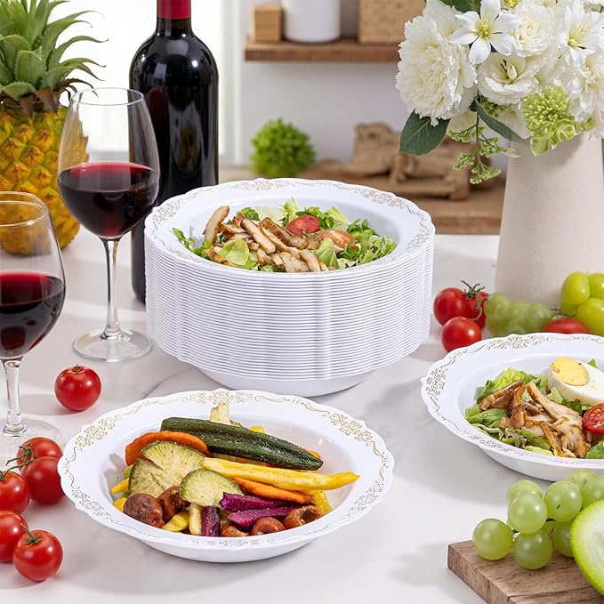 DaYammi 30 Pack Plastic Bowls with Gold Rim, 12oz Disposable Soup Bowls, Gold Bowls Disposable Heavy Duty Dinner Bowl for Wedding, Serving bowls for Party, Dinners, Catering and Everyday Use