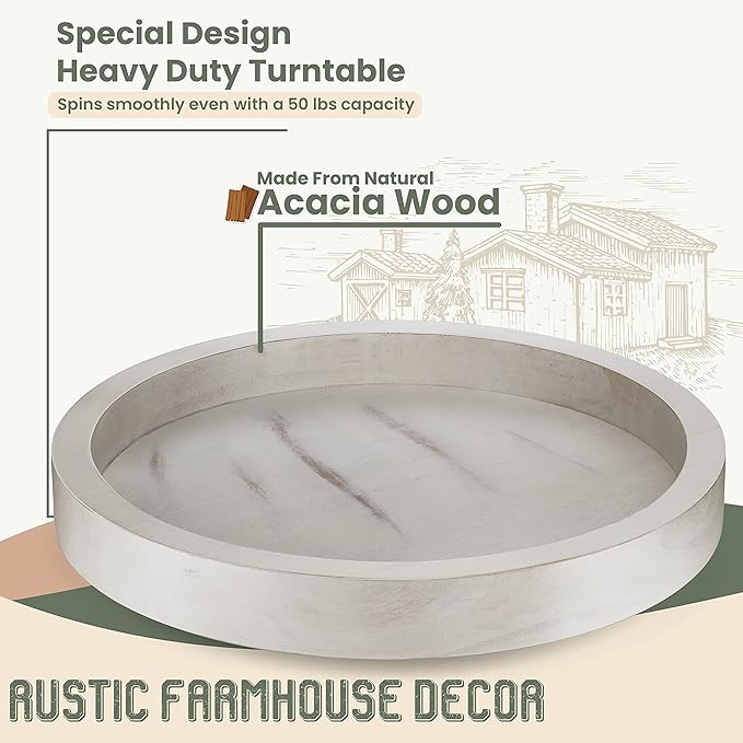 13" White Acacia Wood Lazy Susan Organizer for Cabinet - Round Lazy Susans Turntable for Countertop - Wooden Kitchen Rotating Storage Food Bin Container for Centerpiece Table, Spices, Pantry