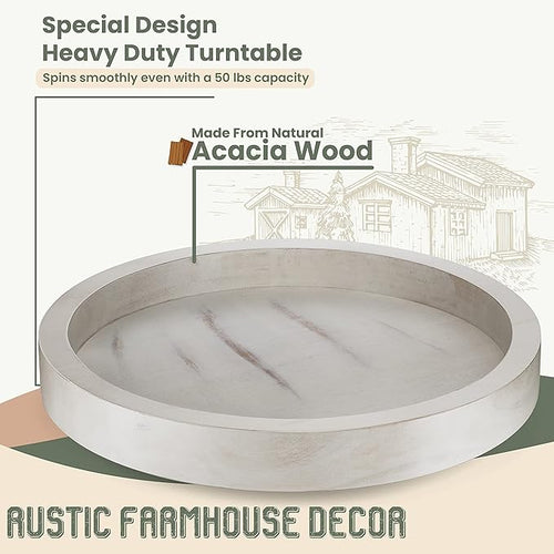 13" White Acacia Wood Lazy Susan Organizer for Cabinet - Round Lazy Susans Turntable for Countertop - Wooden Kitchen Rotating Storage Food Bin Container for Centerpiece Table, Spices, Pantry