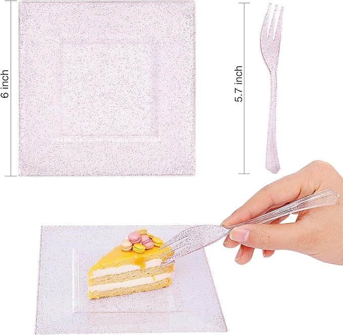 DaYammi 100Pcs Pink Dessert Plates with Forks Including 50Pcs Appetizer Plates,50Pcs Plastic Forks,Glitter Square Plate pink Disposable plates for Wedding,Plastic Cake Plate for Valentine's Day Party