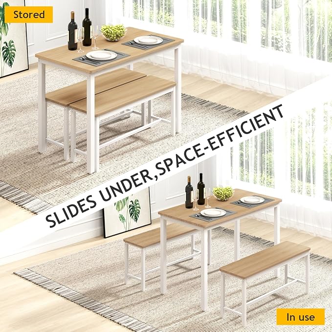 Rovibek Dining Table Set for 4 with 2 Benches – Space-Saving Kitchen Table Set for Kitchen & Dining Room, White