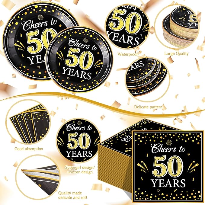Pickmesh 250 Pcs 50th Birthday Disposable Tableware Set Black and Gold Cheers to 50 Years Disposable Paper Plates Napkins and Cups for 50th Birthday Wedding Anniversary Supplies Decorations