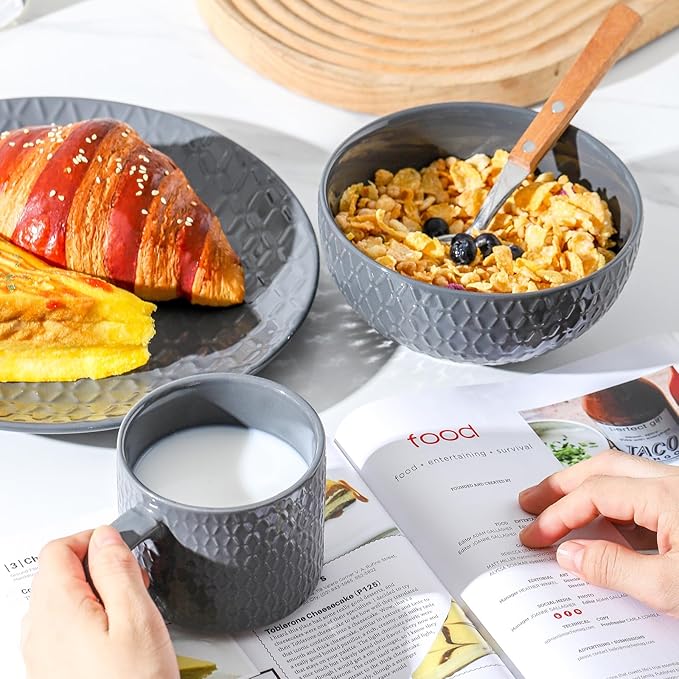 HASENSE Soup Bowls, Cereal Bowls Set of 4, 26oz Embossed Stoneware Porcelain Cereal Bowls, Large Ceramic Soup Bowls for Cereal, Oatmeal, Fruit, Salad, Noodle, Microwave Dishwasher Safe, Gray