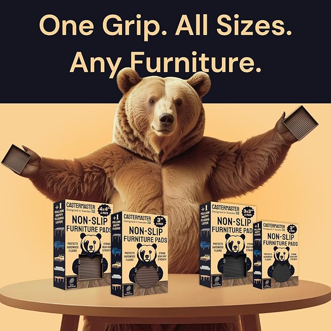 CasterMaster Anti Slip Furniture Pads Rectangular Rubber Caster Cups - 2 x 4 in Brown Pack of 4 - Non Slip Floor Protectors for Chairs & Hardwood Floors - Quiet Rubber Feet