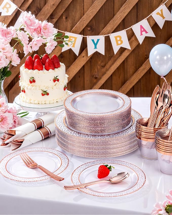 Ciaell 350PCS Rose Gold Plastic Plates - Clear Rose Gold Disposable Plates with Plastic Silverware include 100Plates, 150Silverware, 50Cups, 50Napkins for Wedding & Party & Valentine's Day