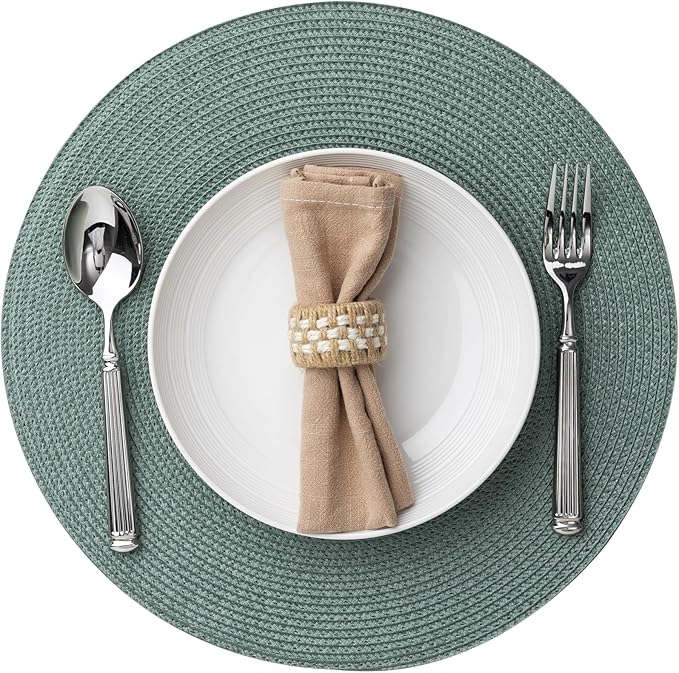 Round Placemats Set of 12 Plastic Woven Placemats Washable Wipeable Table Mats for Dining Table Heat Resistant Non-Slip Circle Place Mats (Dusk Green)