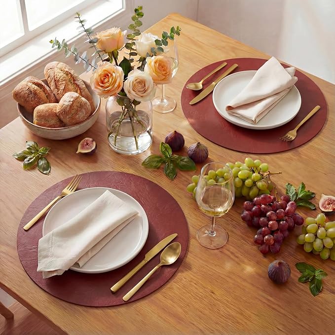 Artoid Mode Red Faux Leather Placemats Set of 6, 15 Inch Waterproof Wipeable Heat Resistant Vinyl Place Mats, Reversible Table Mats for Christmas Kitchen Dining Decor