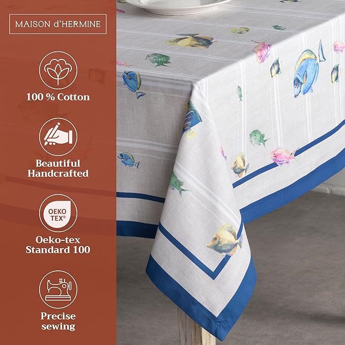 Maison d' Hermine Table Cloth Rectangle Table 100% Cotton 60 x 108 Inches Tablecloth Reusable Decorative for Dining Room Farmhouse Home Valentines Day Decorations Spring Summer - Poisson
