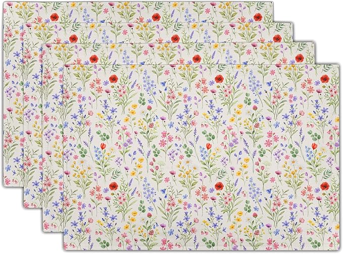 Spring Summer Placemats - Floral Place Mats Set of 4 Eucalyptus Leaves Lavender Poppy Flower Table Mats 12x18 for Party Kitchen Farmhouse