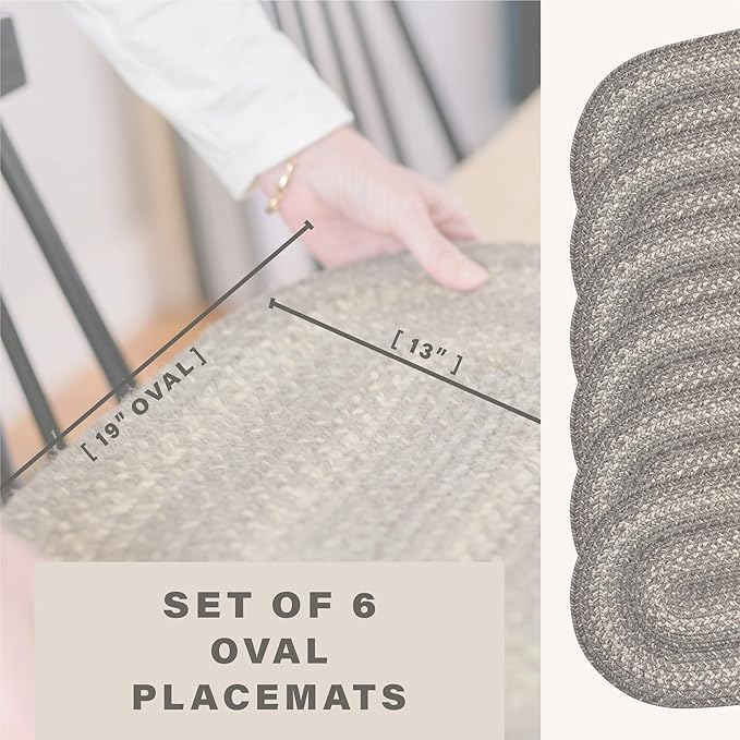 Homespice Grey Cloud Jute Braided Oval Placemats, Warm Farmhouse Decor, Set of 6, 13x19 Grey Table Mats - Vibrant Colors, Durable, Easy to Clean and Protects Furniture