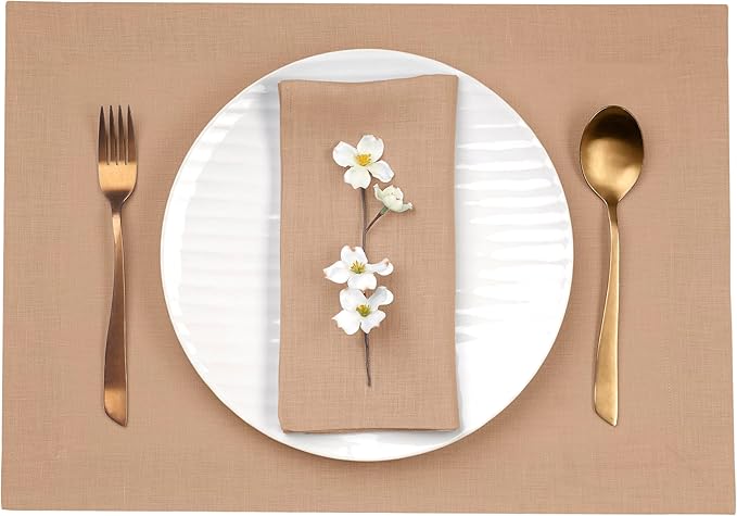 D'Moksha Homes Linen Champagne Beige Placemats Set of 4-100% Pure Linen Placemats 14 x 19 Inch for Spring, Easter - Handcrafted and Machine Washable