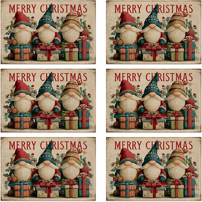 Table Placemats Set of 6, Waterproof Linen Fabric, Non-Slip Backing & Easy Clean, Elegant Dining Table Protectors for Family and Guests (Vintage Christmas Gnome)