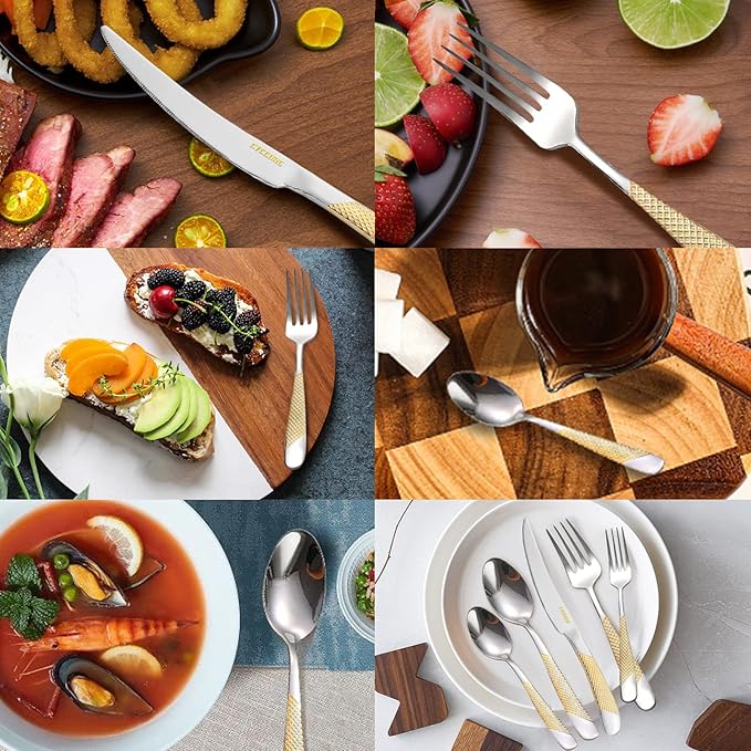 30-Piece Silverware Set, Luxury Gold Silverware Kitchen Flatware Sets Service for 6, Premium Cutlery Utensil Set with Dinner Knife Spoon Fork Set, Durable Stainless Steel Tableware Sets