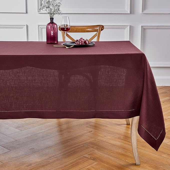 Solino Home Linen Burgundy Tablecloth 60 x 108 Inch - Classic Hemstitch, 100% Pure Linen Rectangular Tablecloth - Machine Washable Table Cloth for Valentines, Winter
