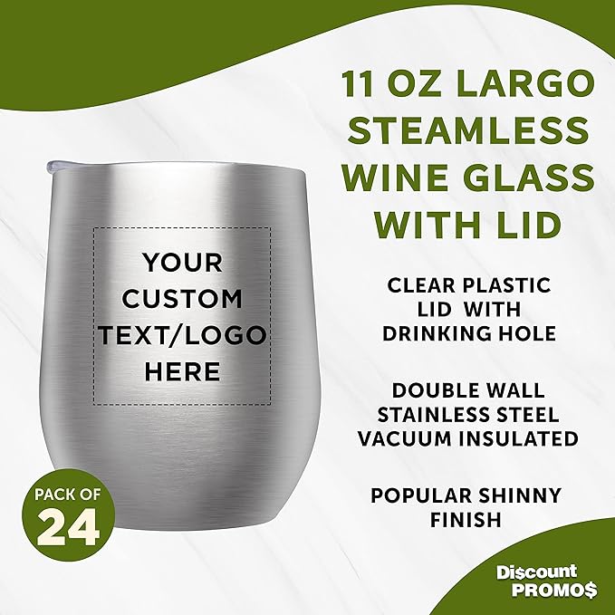 Custom Stemless Wine Glass Tumblers with Lids by Largo 11 oz. Set of 24, Personalized Bulk Pack - Perfect for Wine, Cocktails, Other Hot & Cold Beverages - Silver