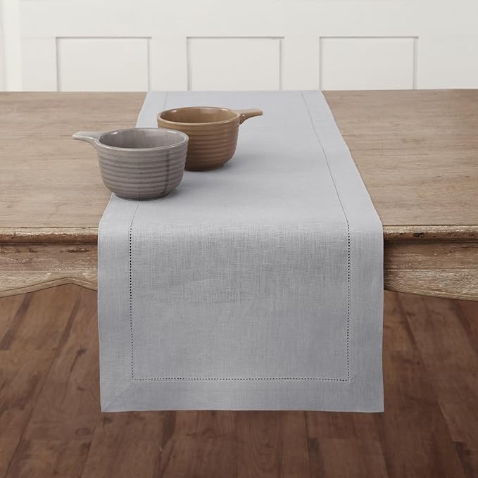 Solino Home Linen Soft Grey Table Runner 36 Inches - Classic Hemstitch, 100% Pure Linen Coffee Table Runner 14 x 36 Inch Ideal for Dresser Tables - Winter, Spring, Easter