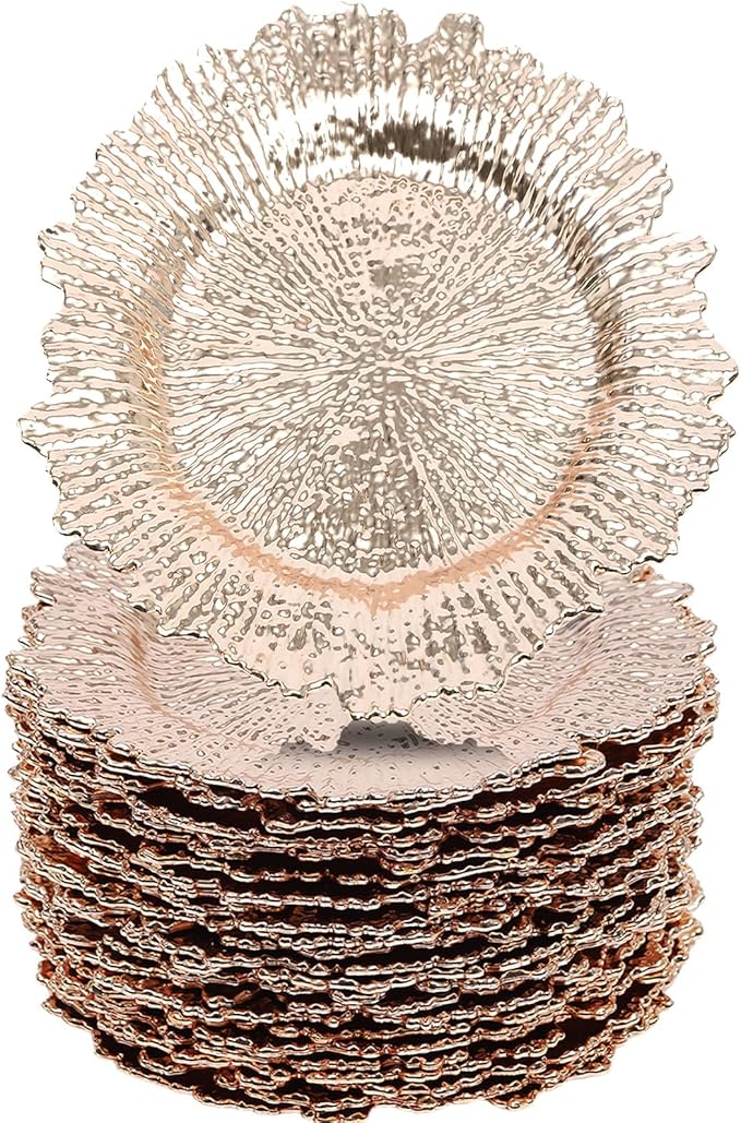 LOYALHEARTDY 24 Pack 13 Inch Rose Gold Charger Plates, Plastic Reef Textured Rim Round Decorative Underplates for Wedding, Party, Dinner Table