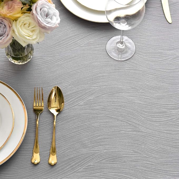maxmill Jacquard Table Cloth Waving Pattern Water Proof Wrinkle Free Heavy Weight Soft Tablecloth Decorative Fabric Table Cover for Outdoor and Indoor Use Rectangular 60 x 104 Inch Light Grey