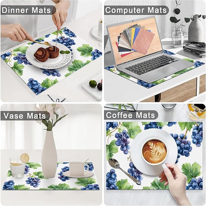 Grape Placemats Set of 6, Blue Grapes Place Mats, Fruit Waterproof Washable Table Mats for Home Party Indoor Kitchen Dining Table Decoration 12x18 Inch