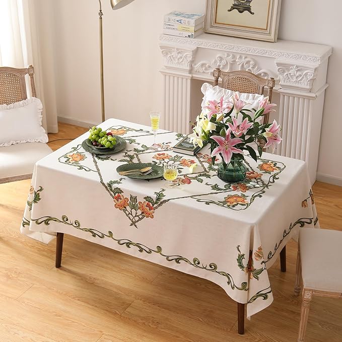 patdrea Designer Linen Rectangle Tablecloth,Vintage French Floral Tablecloths,Wrinkle Free Table Cloth,Decorative Table Cover Cloth for Kitchen,Dining,Tea Party,Home,Christmas,63"*102"