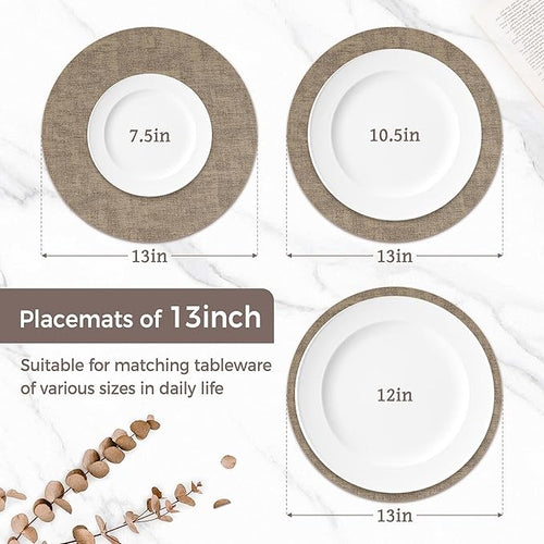 13" Round Placemats Set of 4, Reversible Faux Leather Heat Resistant Table Mats, Waterproof Oilproof Wipeable Table Protective Placemats for Vinyl, Washable for Indoor & Outdoor Use (4, Light Coffee)