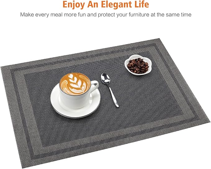 Placemats Set of 8,Washable,Heat and Stain Resistant Indoor/Outdoor Place mats,Vinyl Woven Non Slip Table Mats for Restaurant Table Protection,PVC Placemats(Black Gold 8PCS)