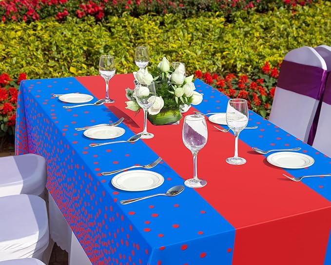 Oudain 3 Pcs Blue and Red Tablecloth for Parties Plastic Dot Tablecloths Printed Table Runner Waterproof Disposable Rectangle Table Cover for Christmas Birthday Wedding Party, 54" x 108"