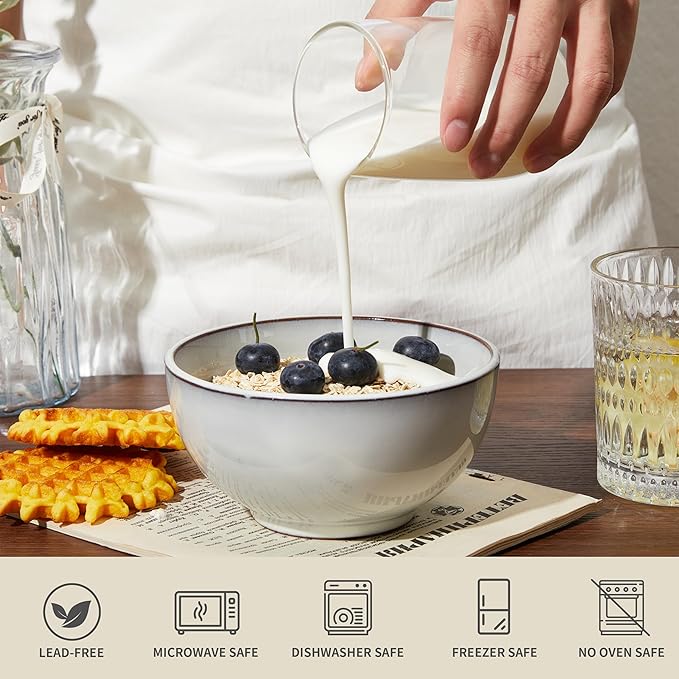 5.3" Cereal Bowls & Dessert Bowls Set of 6-20 Oz Small Bowls for Kitchen-Ceramic Bowl for Cereal, Soup, Oatmeal, Salad, Ramen, Noodle, Rice, Yogurt-Dishwasher & Microwave Safe, Moonstone White