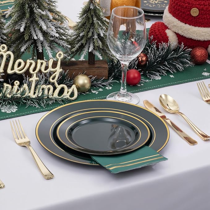 NOCCUR 200PCS Green Plastic Plates for 100 Guests - Include 100PCS 10" Dinner/ 100PCS 7" Dessert Disposable Plates Heavy Duty - Ideal for Party/Wedding