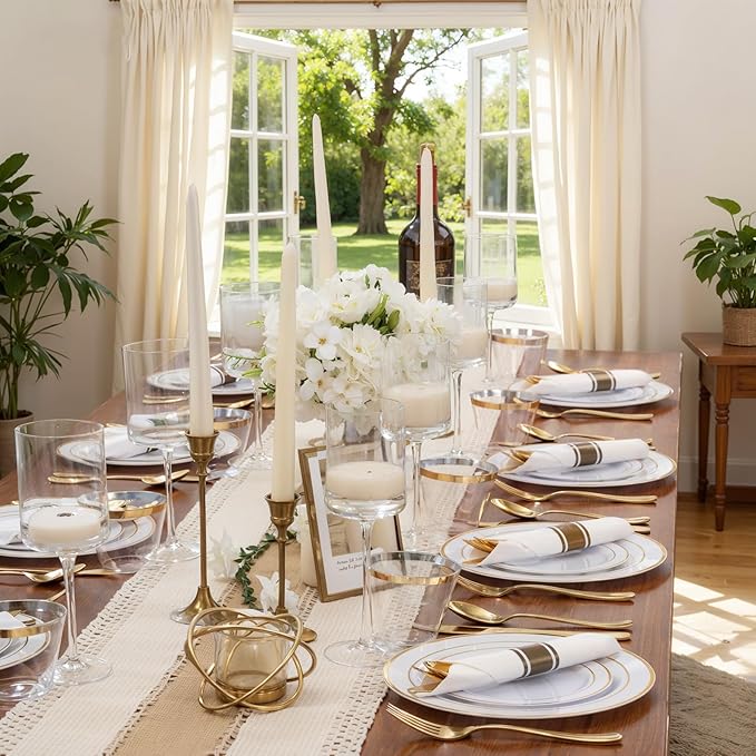 350Piece Gold Dinnerware Set for 50 Guests - Gold Plastic Plates with Disposable Cutlery Include:50Dinner Plates-50Dessert Plates-50Pre Rolled Napkins with Silverware for Valentine’s Day