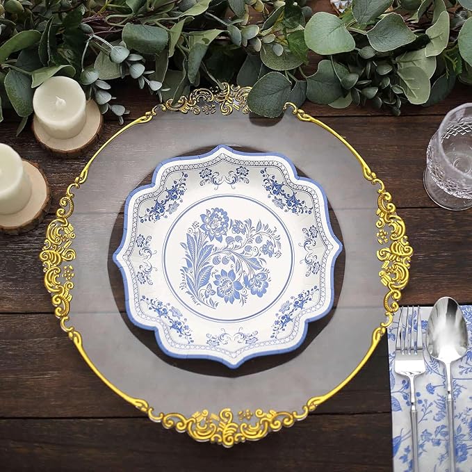 50 Pack 8" Light Blue French Toile Dessert Plates, Disposable Round Paper Floral Pattern Appetizer Salad Plates 300 GSM for Party Decoration
