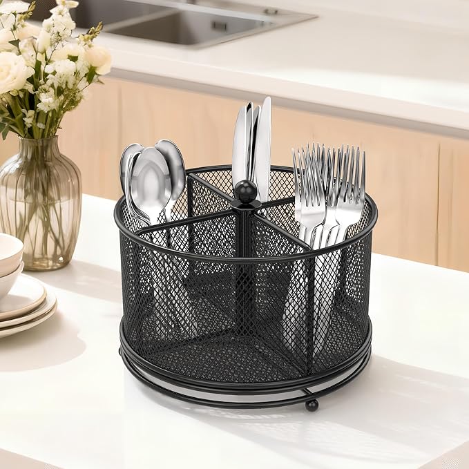 2 Pack 360° Rotating Metal Utensil Caddy - 4 Compartment Silverware Cutlery Holder, Effortless Access Fork Spoon, Silverware Holder for Party Countertop Buffet Picnic Camping Outdoor