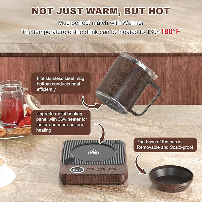 Coffee Mug Warmer & Mug Set for Desk, Smart Coffee Cup Warmer with 16oz Heated Mug, Coffee Heater with Auto Shut Off for Office/Home, Birthday/Valentine's Day/Coffee Gifts for Men & Women, Wood