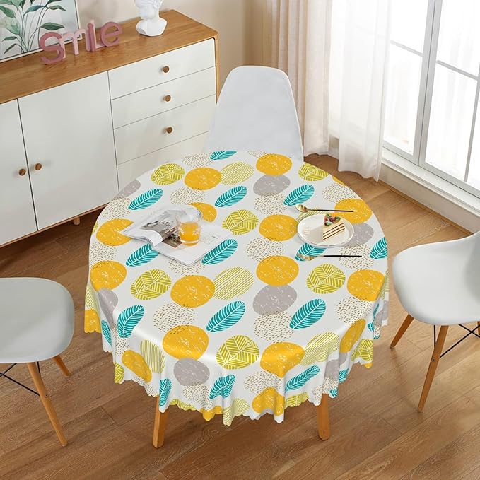 Laeacco 54 Inch Geometric Round Tablecloth Colorful Abstract Oval Leaf Pattern Modern Art Print Table Cloth Washable Waterproof Wrinkle Free Table Cover for Kitchen Dining Picnic Party Decoration