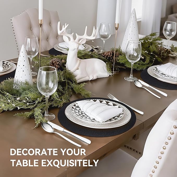 13" Round Placemats Set of 12, Reversible Faux Leather Heat Resistant Table Mats, 100% Waterproof Oilproof Wipeable Table Protective Placemats for Vinyl, Washable for Indoor (12, Black)