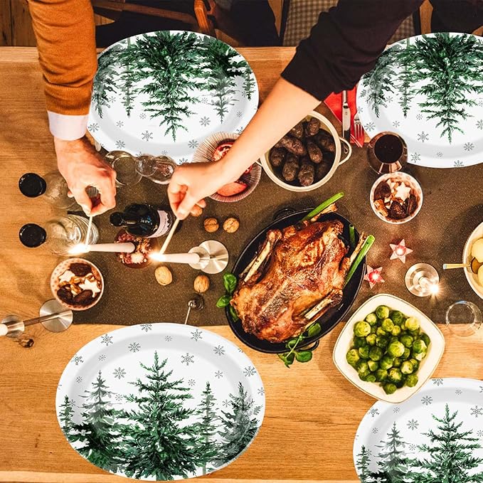 50Pcs Christmas Tree Oval Paper Plates 10" x 12" Large Heavy Duty Xmas Snowflake Disposable Plates Holiday Dessert Platters for Winter Wedding Birthday Dinner Party Decoration Kitchen Table Decor