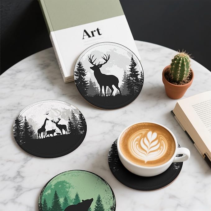 Deer Coasters Leather Round Drink Coasters 6 Pcs Set with Holderor for Cup Drink Coffee Table Bar Home Decor