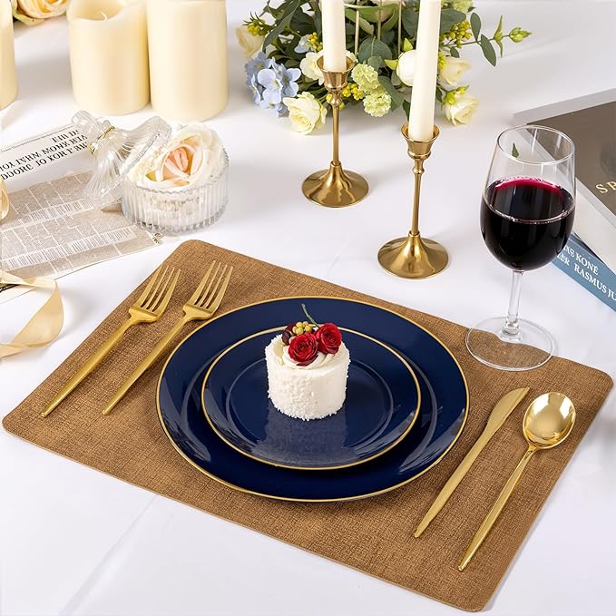 bUCLA 100PCS Blue Plastic Plates - Navy Blue Disposable with Gold Rim, Include 50 Each (10 inch Dinner & 7 inch Dessert) Plates, Ideal for Party and Hanukkah